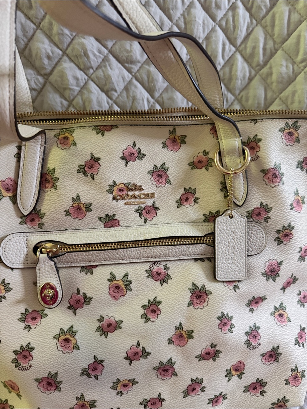 Coach White Leather Tote with Pink Floral Print